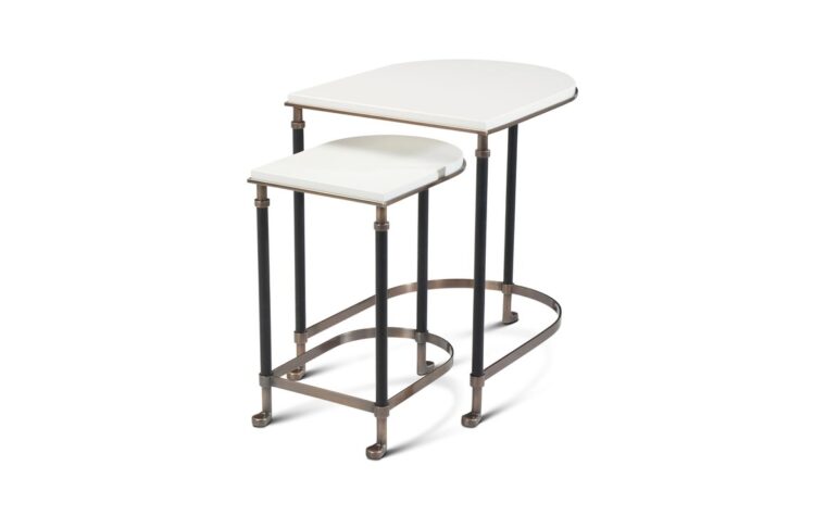 the torrance nesting tables with metal base and a beautiful stone white top by theodore alexander