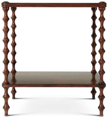 thodore alexandre bobbin side table in maple with a dark brown finish and a shelf