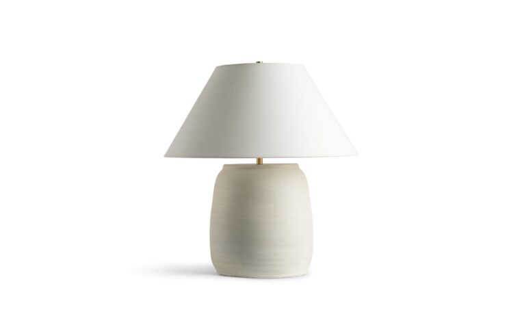 regina table lamp with linen lamp shade and off-white ceramic base