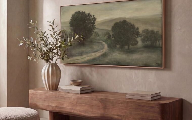 contemporary living room featuring renwils' thyme painting, a moody landscape theme