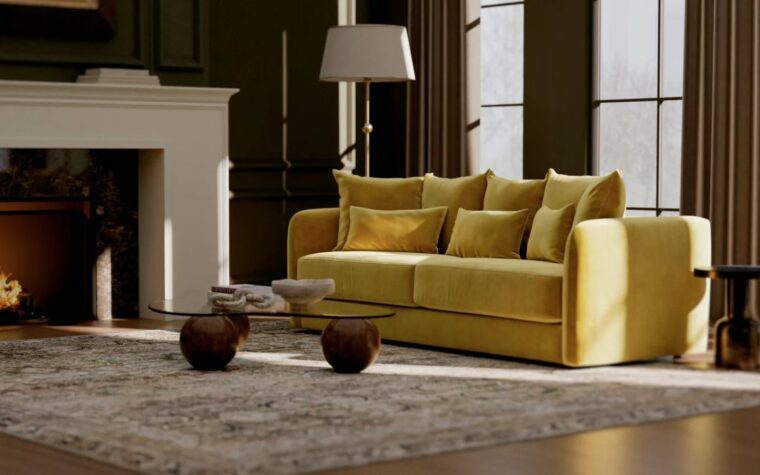 The Hepburn Sofa from Van Gogh Designs in a sophisticated mustard yellow fabric