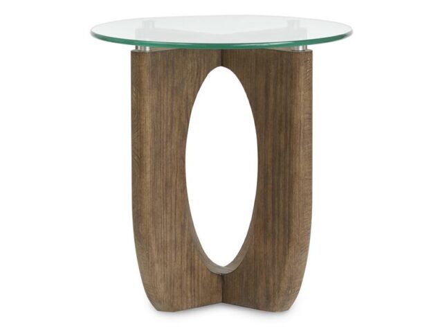 Wood end table with curved legs and glass table top