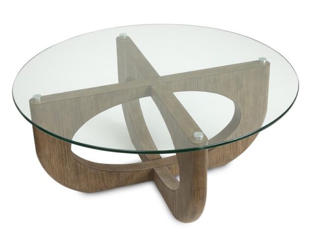 Timeless glass top coffee table with curved wood base